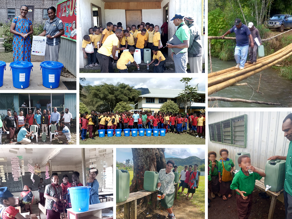 Collage of images of water filters distributed to schools in PNG