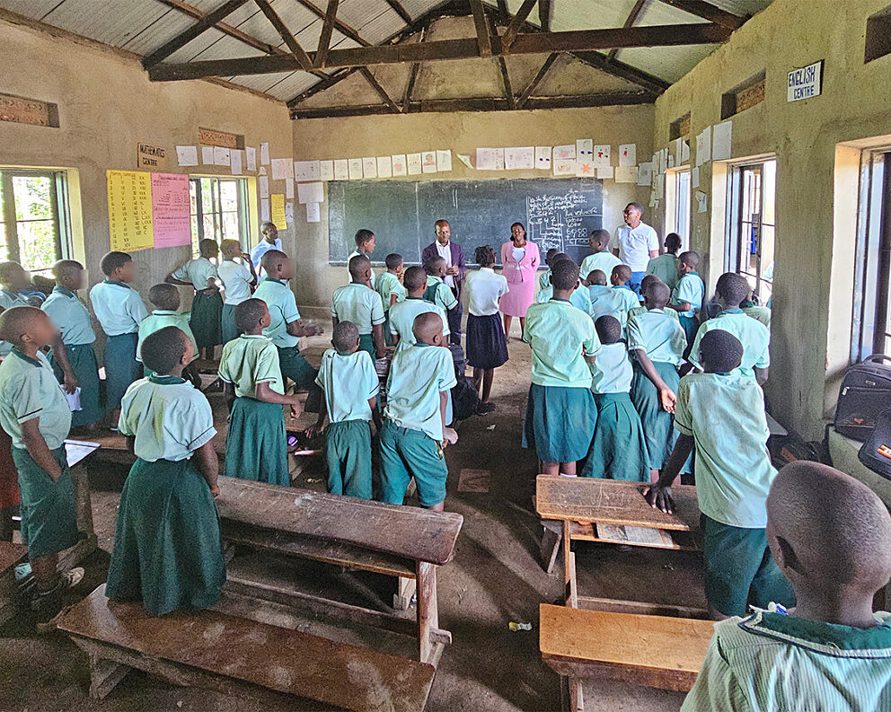 Pupils in new classroom, Uganda